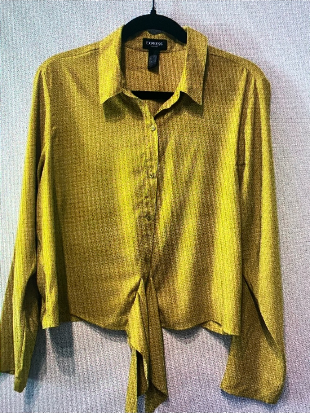 Express Olive-Yellow Tie-Front Button-Down Shirt